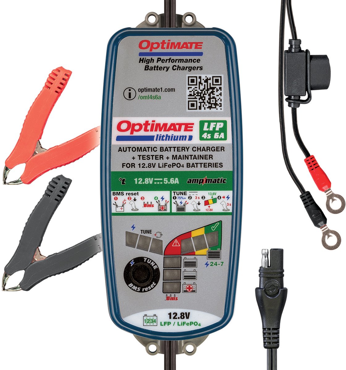 OptiMate Lithium 4s 6A - TM390 - 12.8V LiFePO4 Acculader & Onderhouder – Automatische 10-stappen Lader met Ampmatic-technologie – Veilig & Weerbestendig – Voor Motor, Auto, ATV & Waterscooter